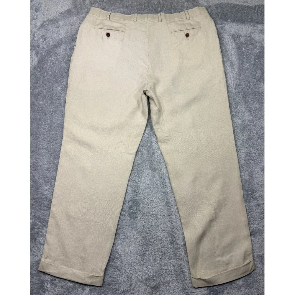 Brooks Brothers Pants Mens 41x30.5 Tan Beige Irish Linen Pleated Cuffed Slacks